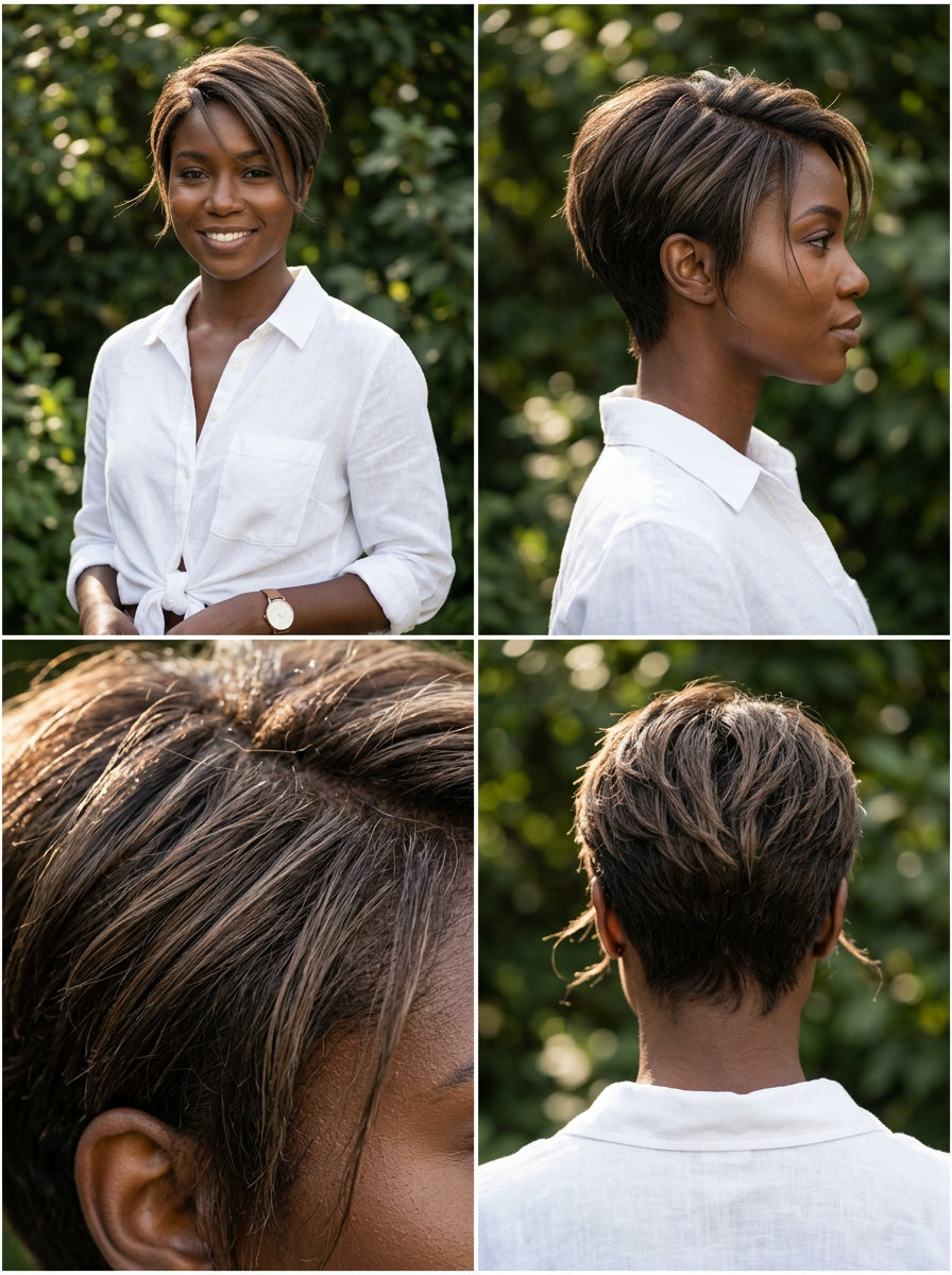 short linen brown pixie cut with cool ash tones, defined pieces, swept fringe — edgy modern