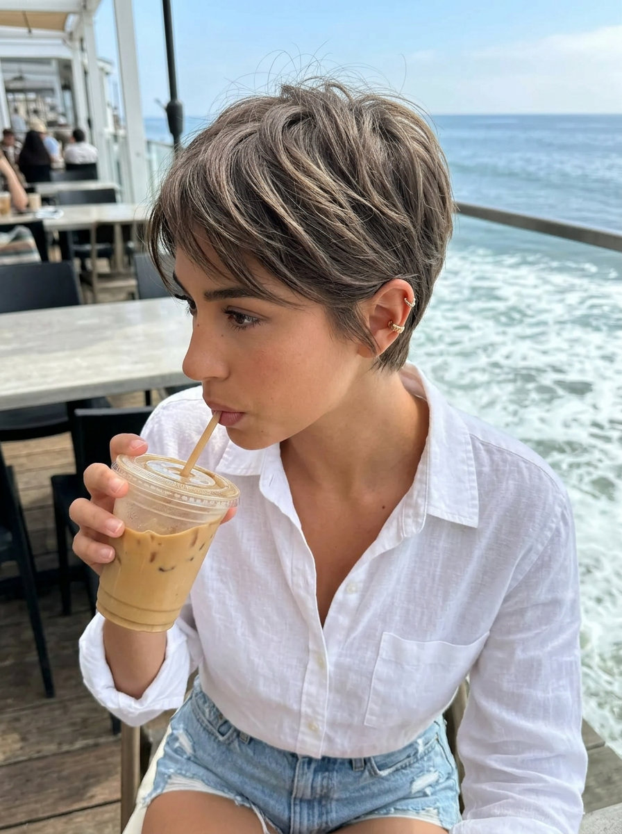 short textured pixie haircut with linen brown multi-tonal color, razored layers and piecey definition for chic daily wear