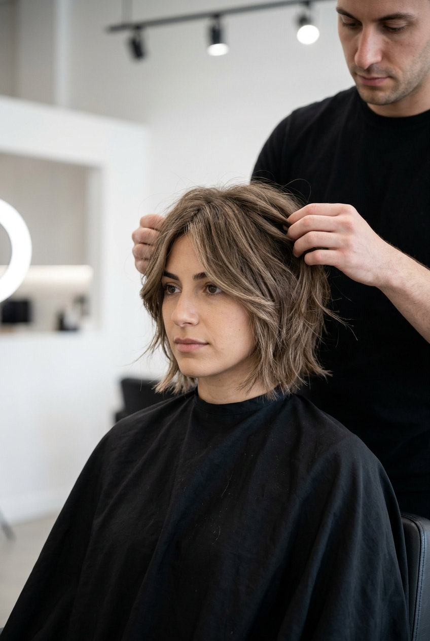 short shag haircut in neutral linen brown with beige babylights, feathered curtain bangs for brunch