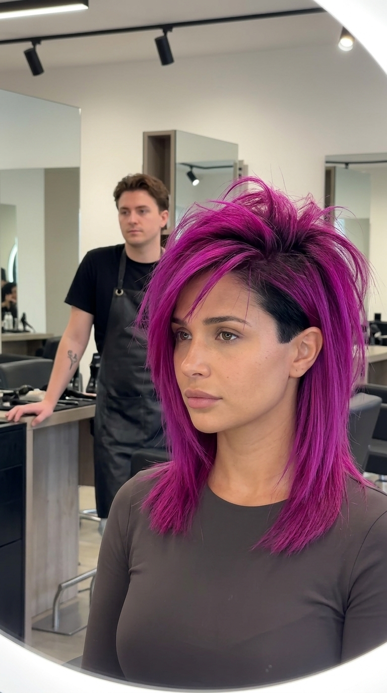 medium haircut in electric magenta with undercut and spiky texture for summer