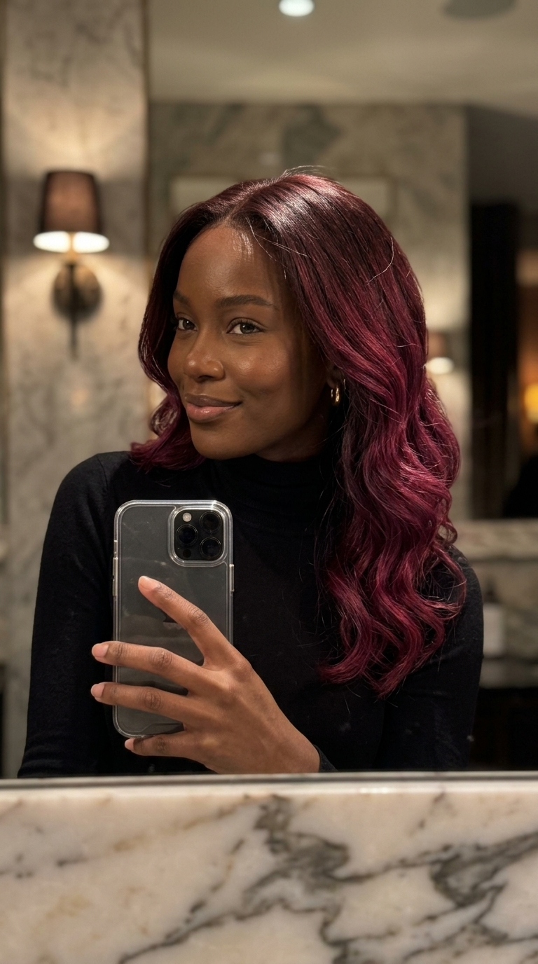 long mahogany berry ombre with crimson violet ends, dimensional melt for summer