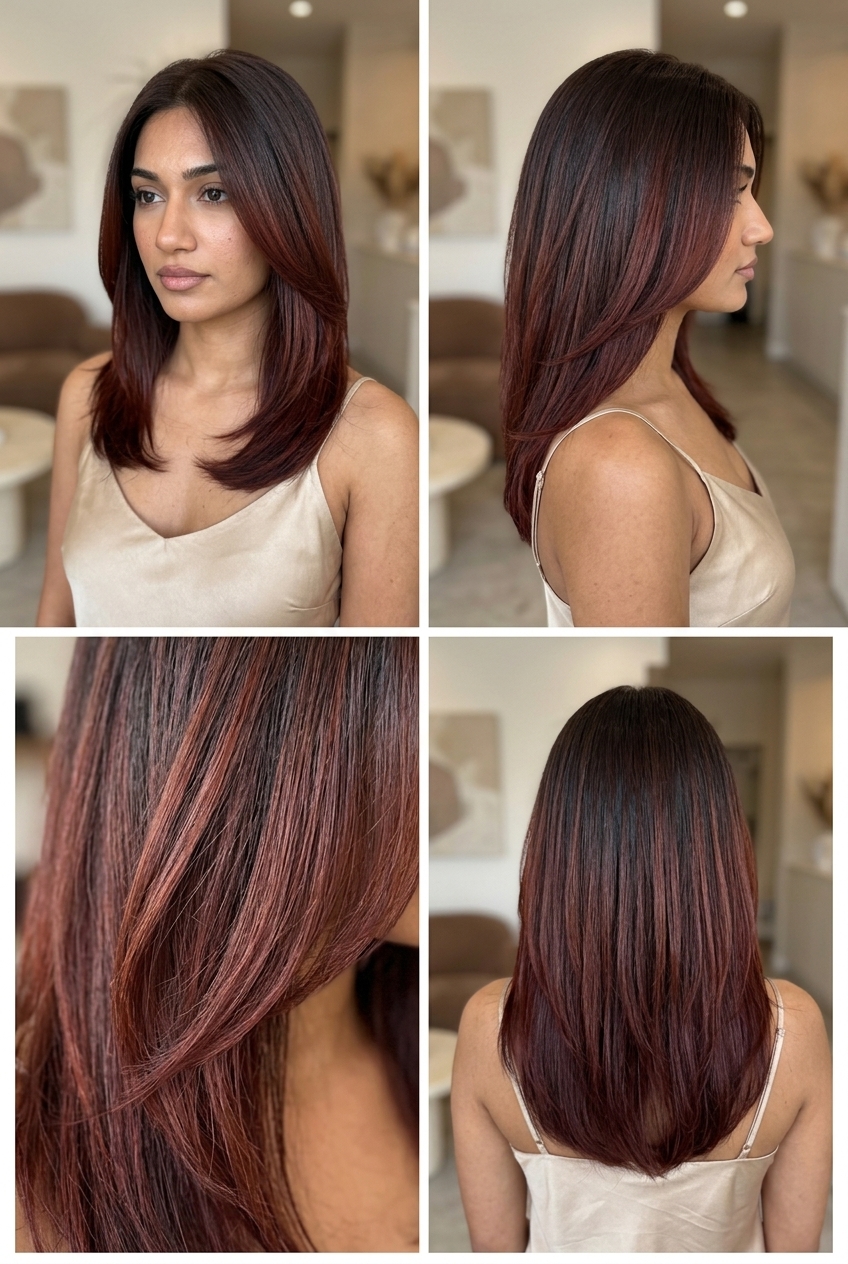 long layered deep neutral brunette with mahogany ombré, dark cherry mahogany ends for dramatic romance