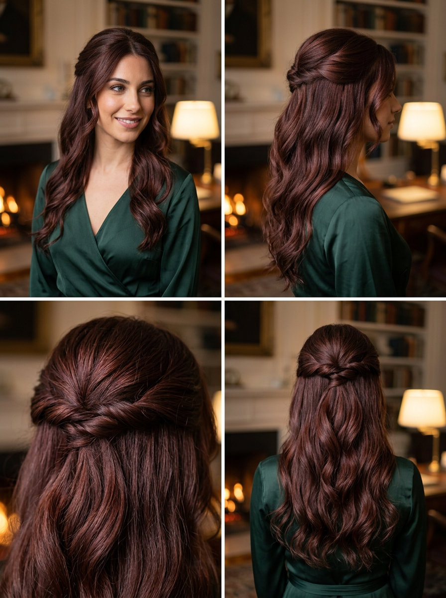 long layered mahogany half up half down with warm reddish-brown undertones, face-framing pieces, soft waves — elegant formal event