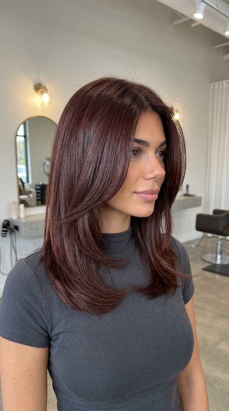 medium mahogany butterfly haircut with red-violet undertones, layered cut — sophisticated everyday chic