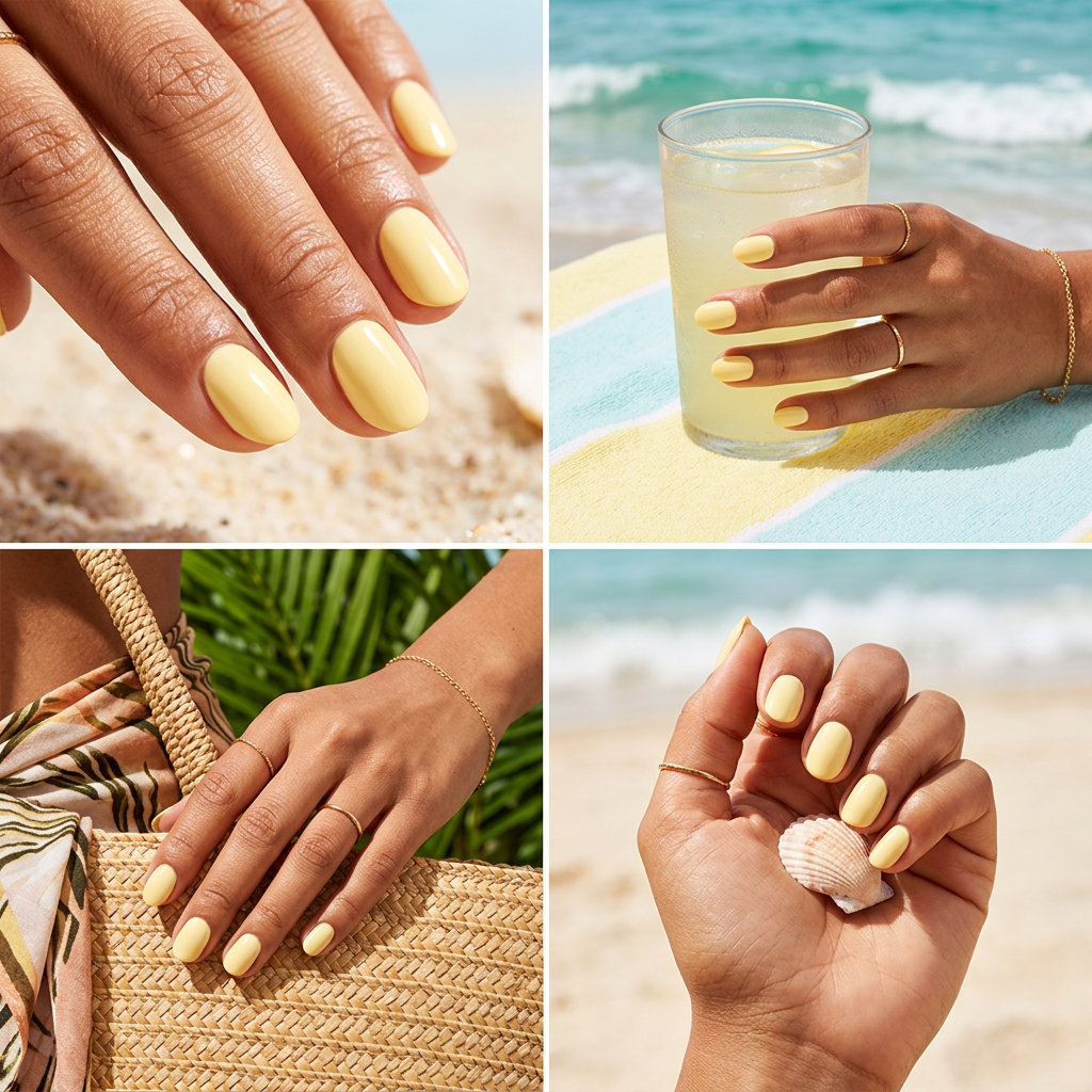 Butter Yellow Manicure Colors Summer 2026 Sunshine butter yellow manicure, a cheerful and bright nail color for summer 2026 casual occasions.