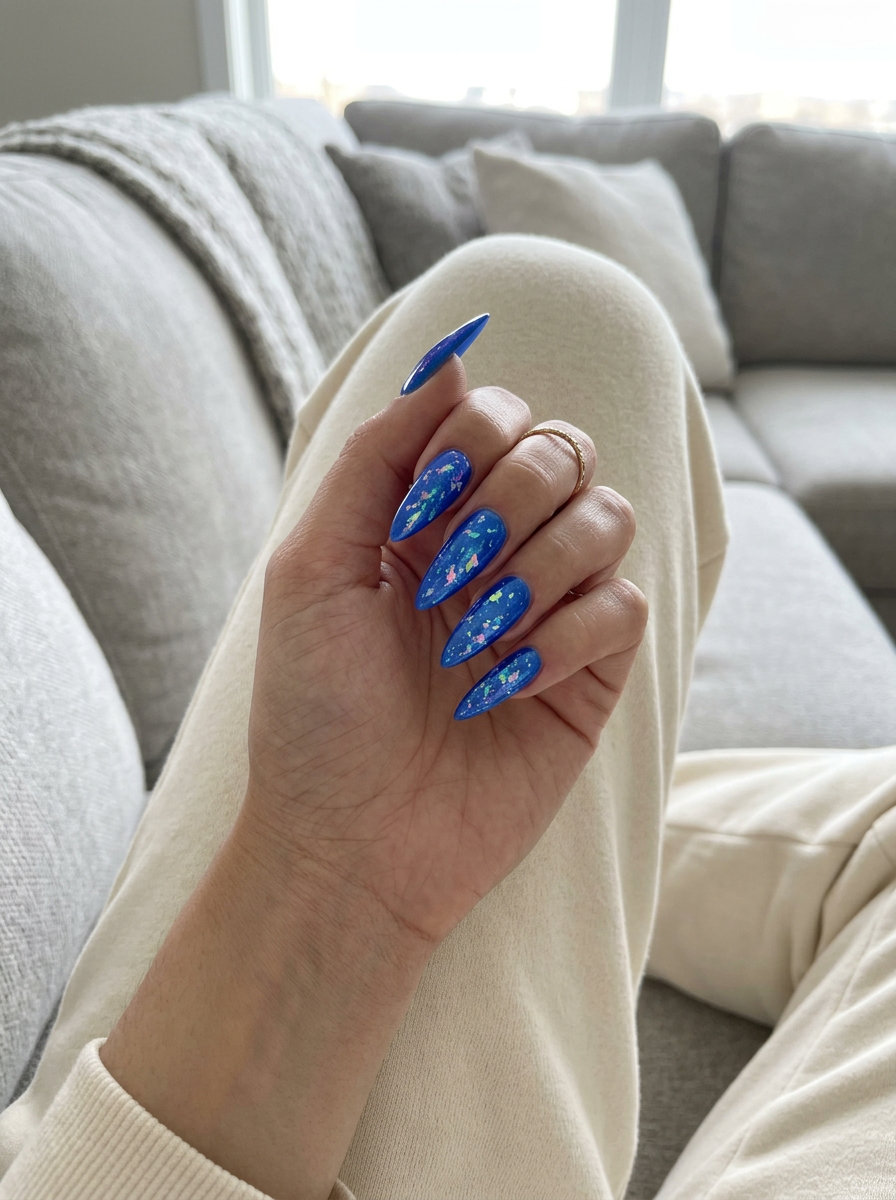 Cosmic Blue Foil Nails | Manicure Colors Summer 2026 Cosmic Blue Foil Sparkle nails: edgy dazzling manicure colors summer 2026 for festivals and night outs.