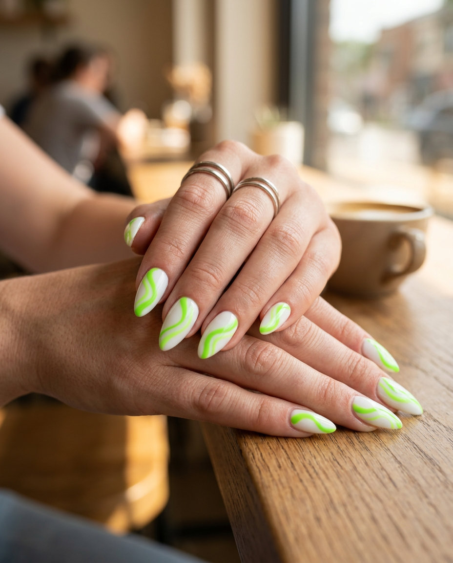 Lime Green Abstract Swirls Nails 2026 Lime Green Abstract Swirls manicure colors summer 2026 for festivals and summer parties. Playful bold art.