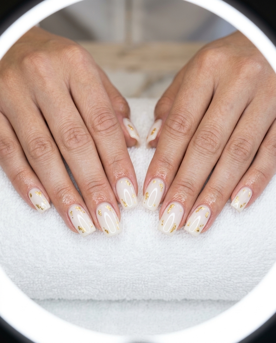 Opal Gold Flake Nails 2026 Opal Gold Flake manicure colors summer 2026 for weddings and formal events. Elegant and glamorous.
