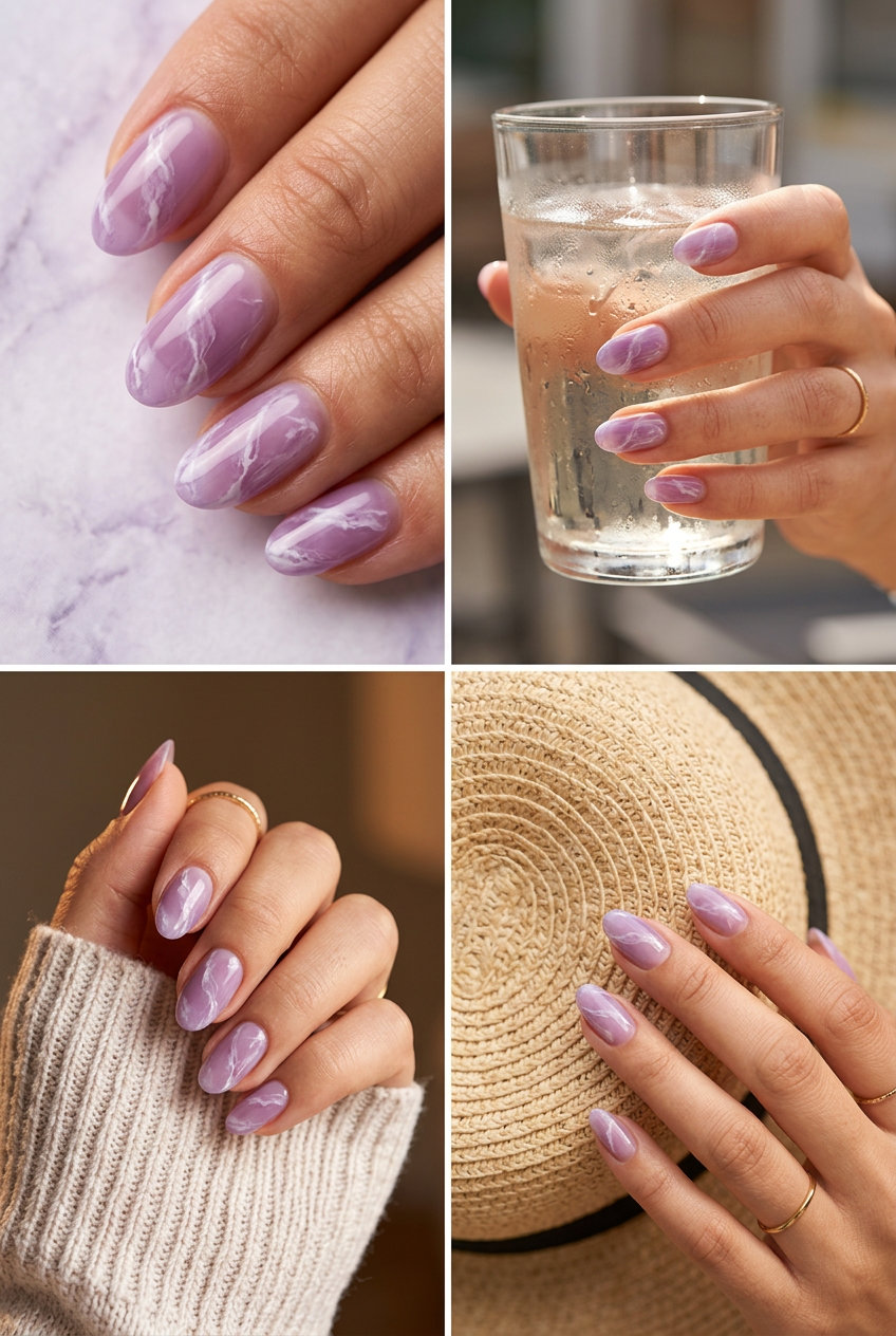 Sheer Lavender Haze Marble Nails 2026 Sheer Lavender Haze Marble manicure colors summer 2026 for weddings and romantic dates. Ethereal marble art.