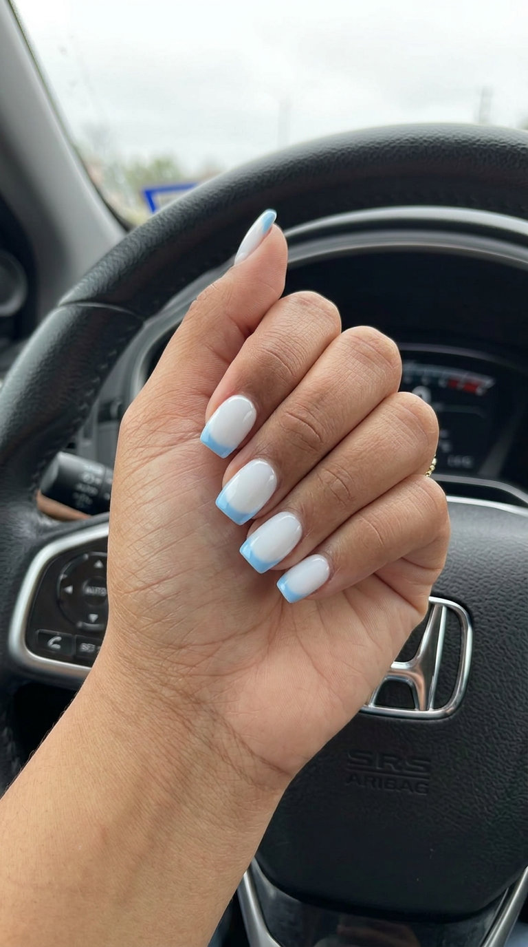 Sky Blue French Tip Nails | Manicure Colors Summer 2026 Sky Blue Milky French nails: whimsical serene manicure colors summer 2026 for casual summer events.