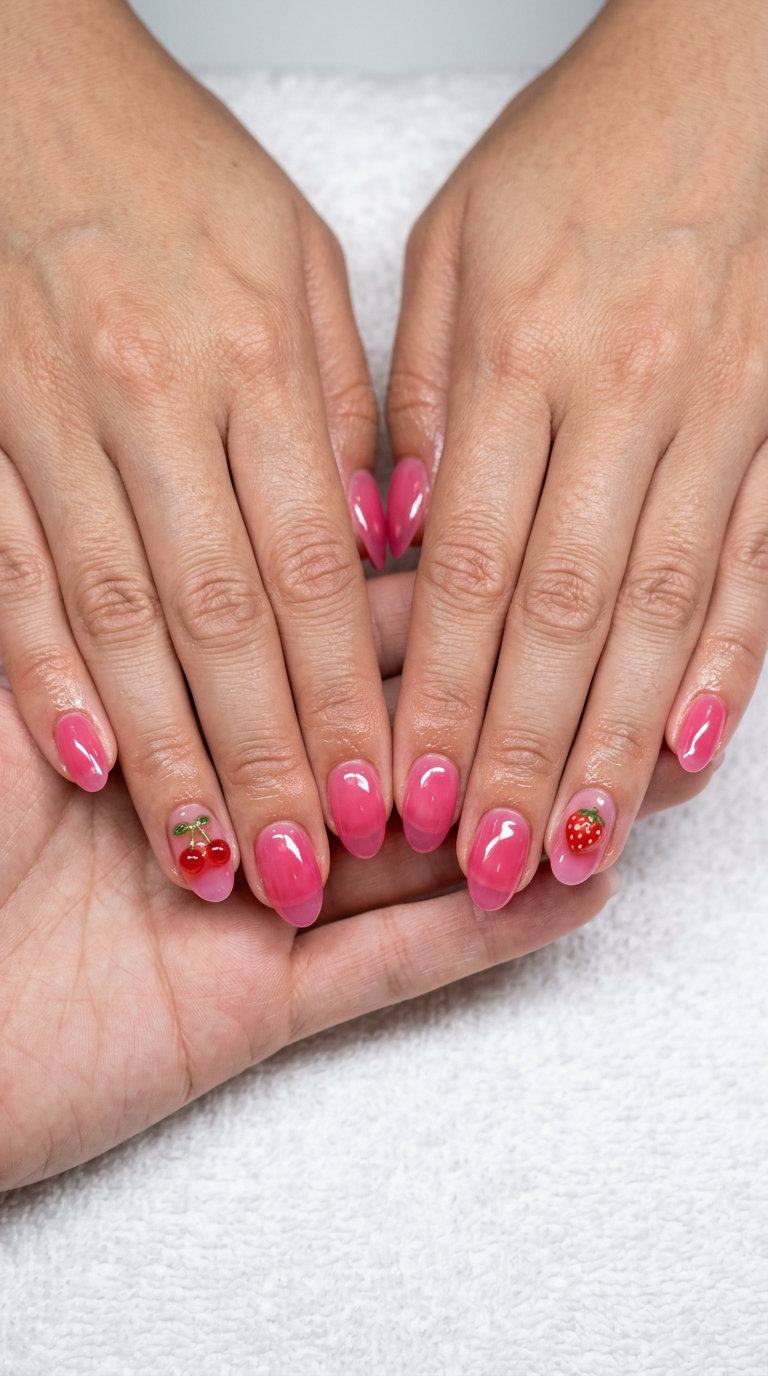 Sweet Cherry Jelly Charms Manicure 2026 Sweet cherry jelly charms manicure for vacation, festival, summer party. Manicure colors summer 2026.