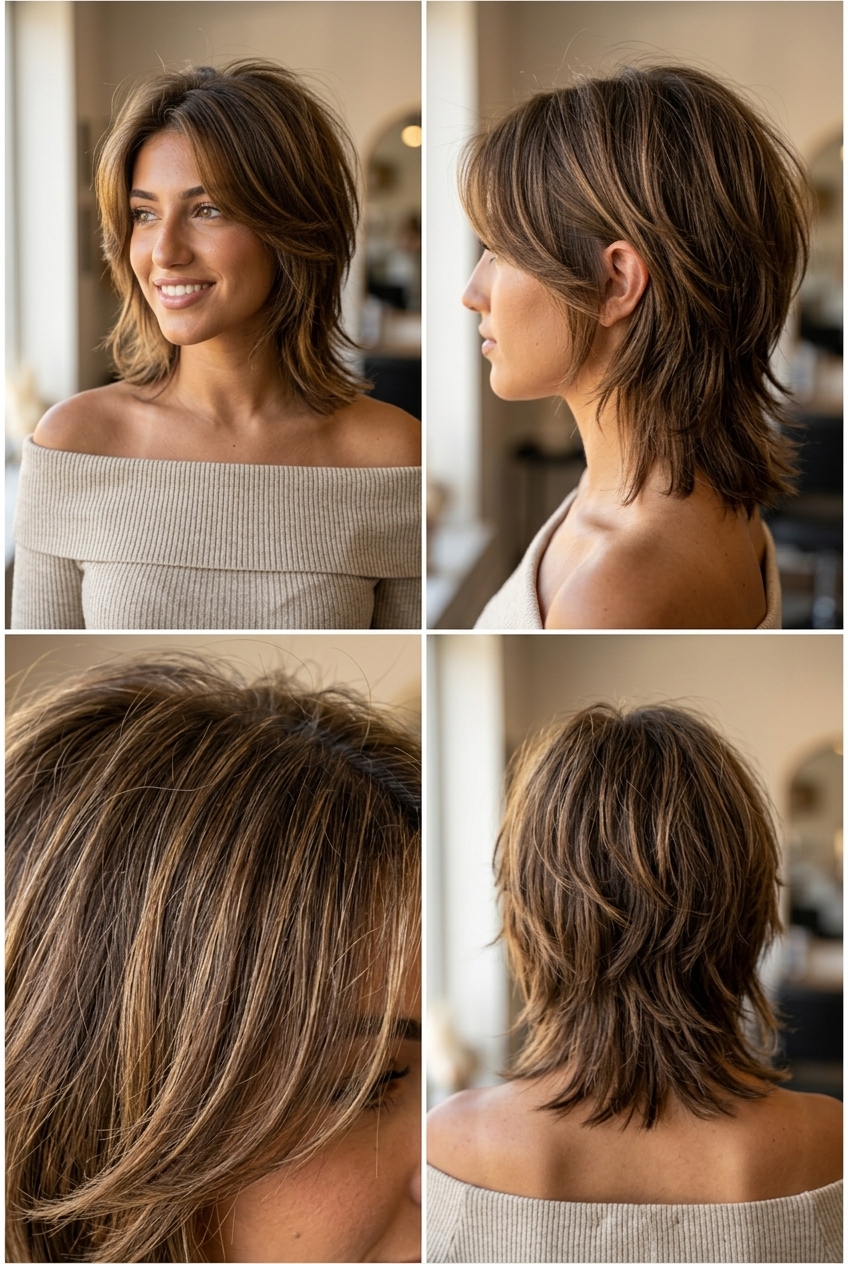 medium brown wolf cut with golden highlights and choppy shag mullet layers