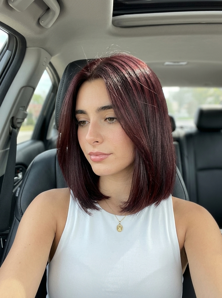 Merlot All-Over Color 2026 long one-length brunette with deep merlot, all-over color, bold summer hair color