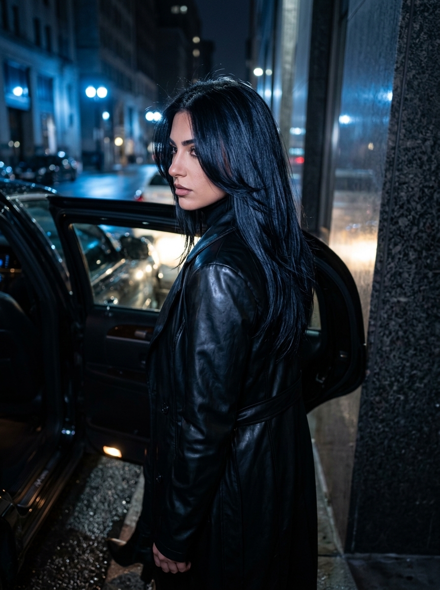 long layered haircut with midnight black, subtle blue-black undertones, face-framing layers — bold sleek