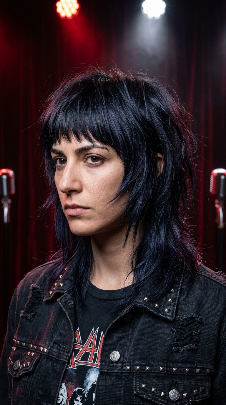medium wolf cut with midnight black & blue-violet, shaggy layers, textured fringe — gothic