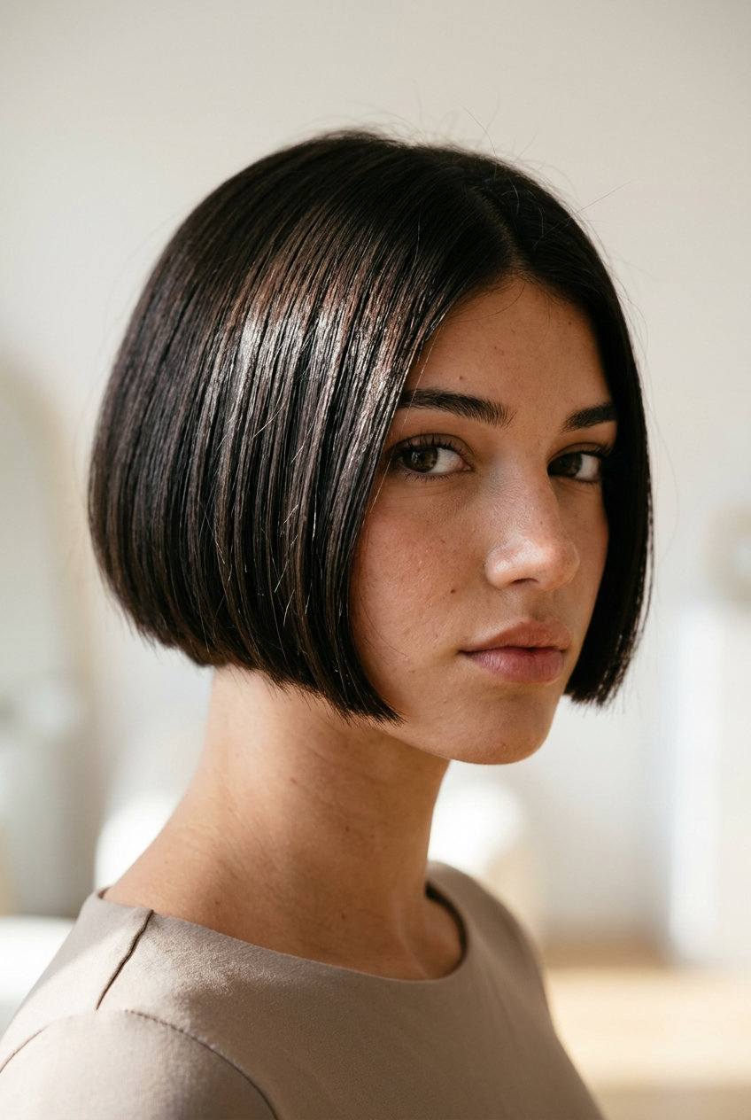 short french bob haircut in midnight espresso with blue-black gloss, ultra-blunt perimeter, no fringe — bold date night