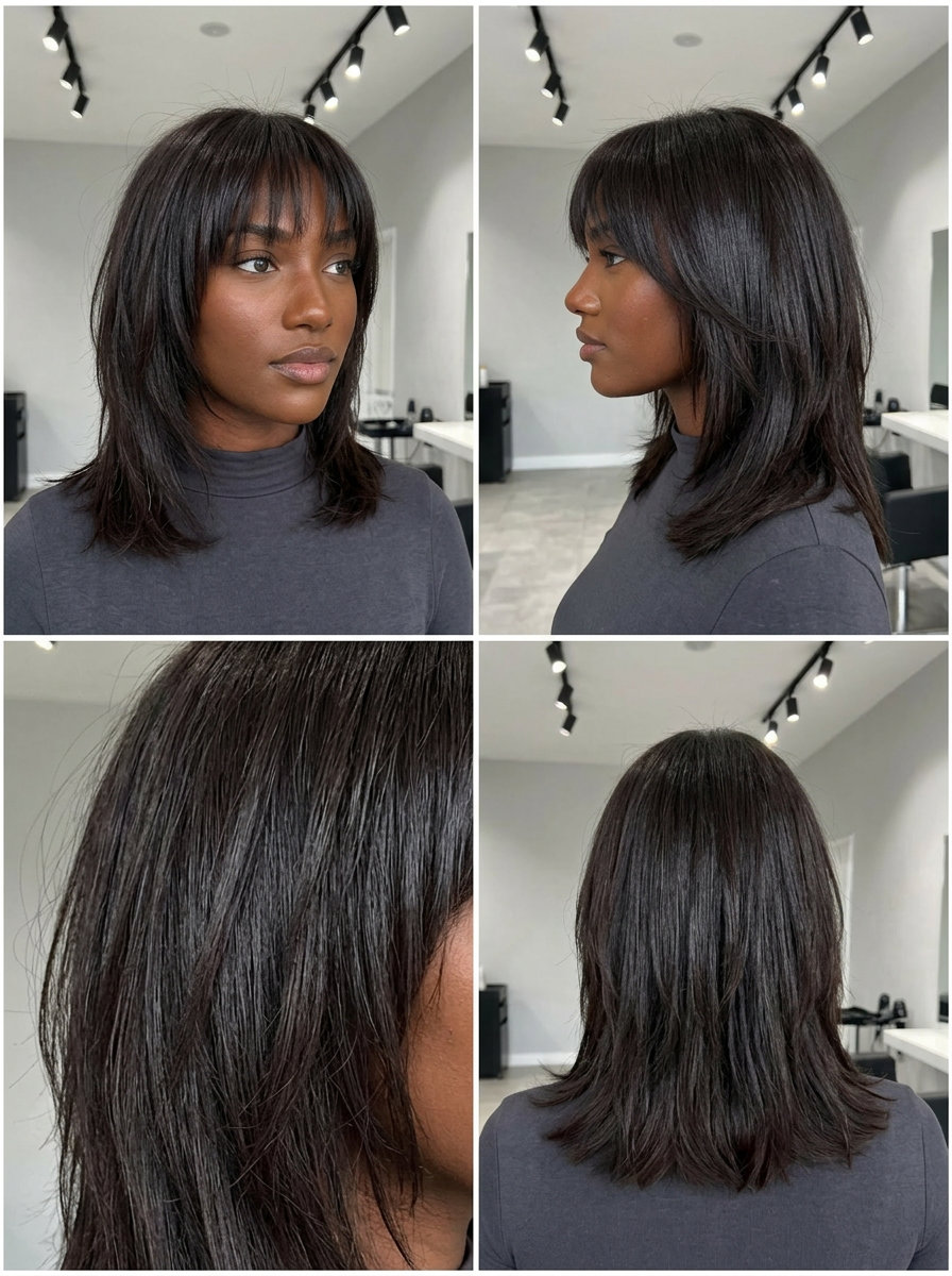 medium-long shag with midnight espresso color and choppy razor bangs for edgy styles