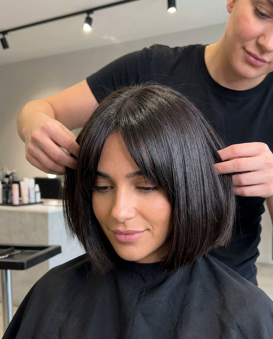 short angled bob with midnight espresso color and graphic angled bangs for chic looks