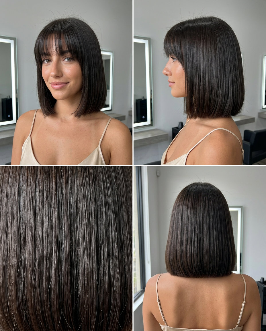 short blunt bob with midnight espresso color and thick blunt bangs for professional events