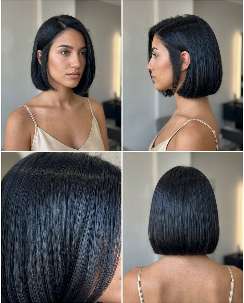 short french bob haircut in midnight espresso with cool blue-black undertones, sleek blunt cut, no bangs — sophisticated