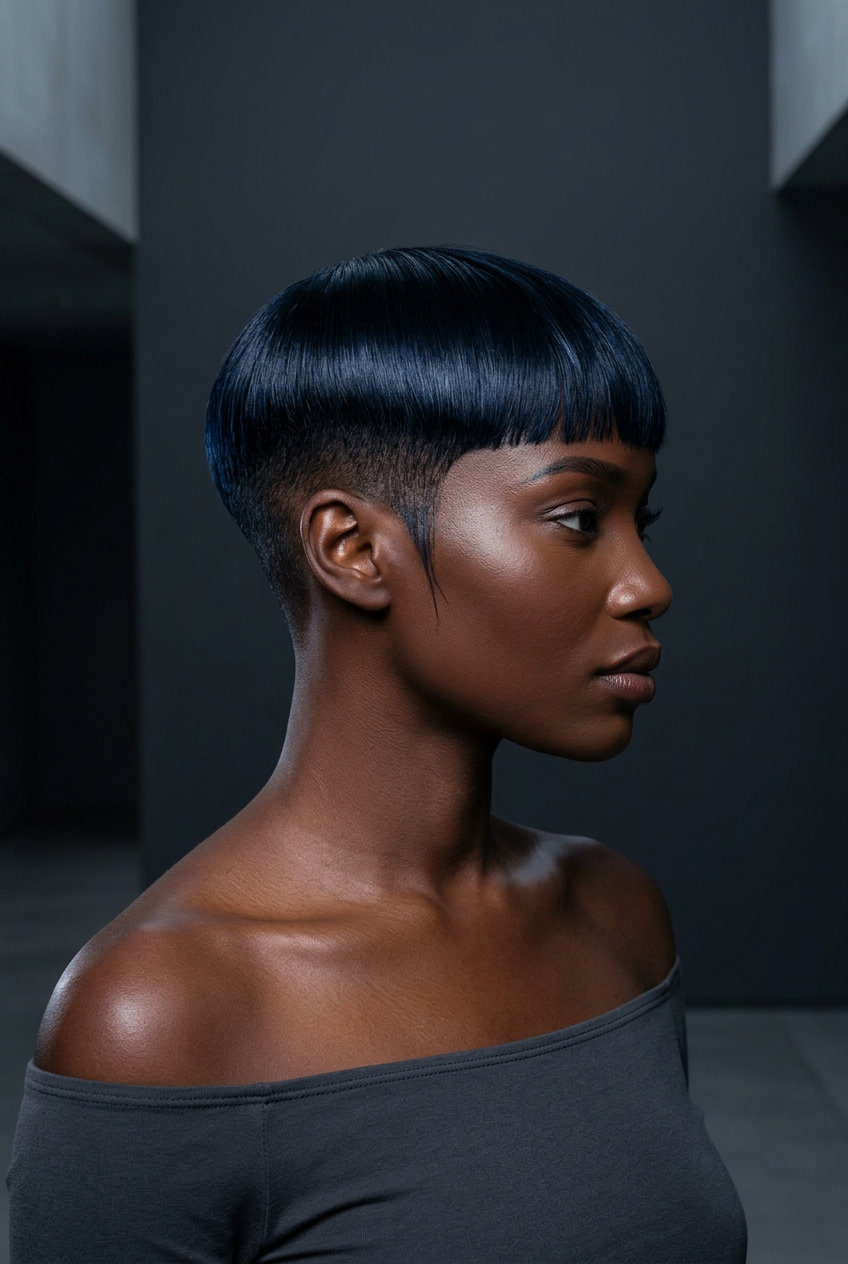 short crop haircut in midnight onyx with high-gloss finish and clipper fade for evening galas