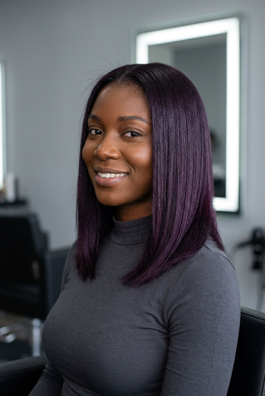 short midnight plum black haircut with violet-black global color for edgy look
