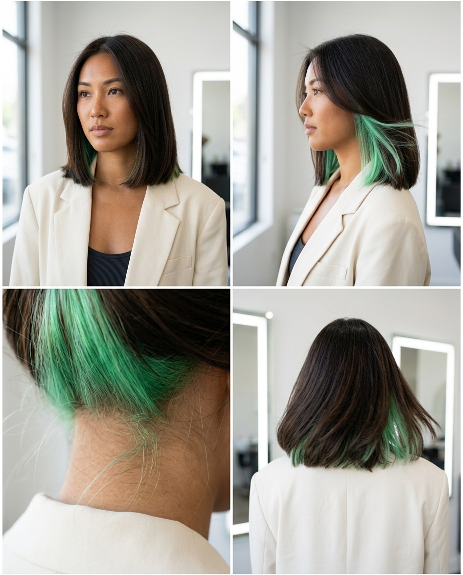 short blunt midi electric mint green peekaboo with dark brown base, internal highlighting, edgy mood