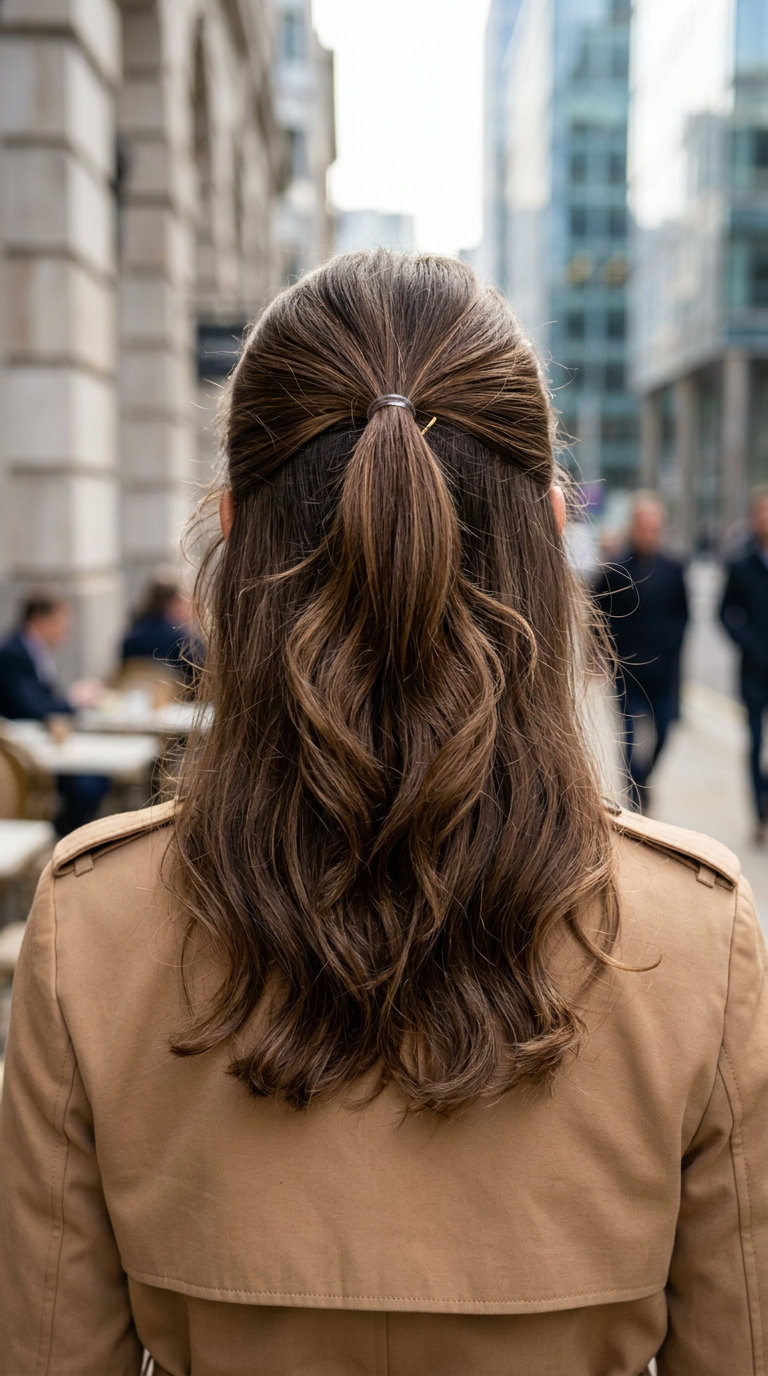 medium blunt half up half down with mocha brunette, caramel lowlights, liquid hair shine — modern office style