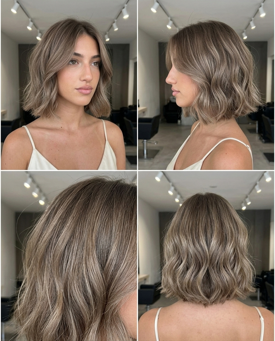 chin-length wavy bob haircut in mushroom beige with cool undertones for edgy look