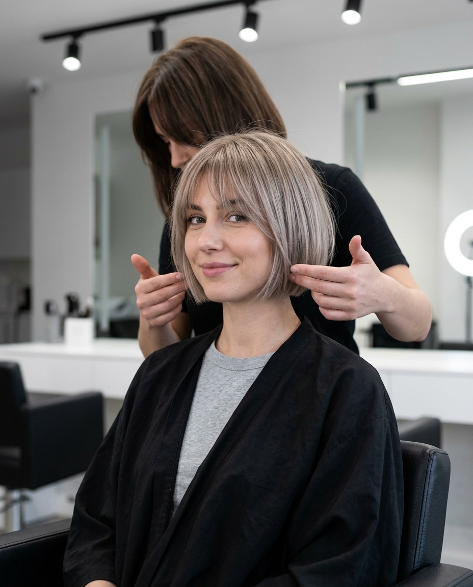 Fringed Mushroom Blonde Bob 2026 short italian bob haircut with mushroom blonde, brow-skimming fringe, piecey texture — playful youthfulness