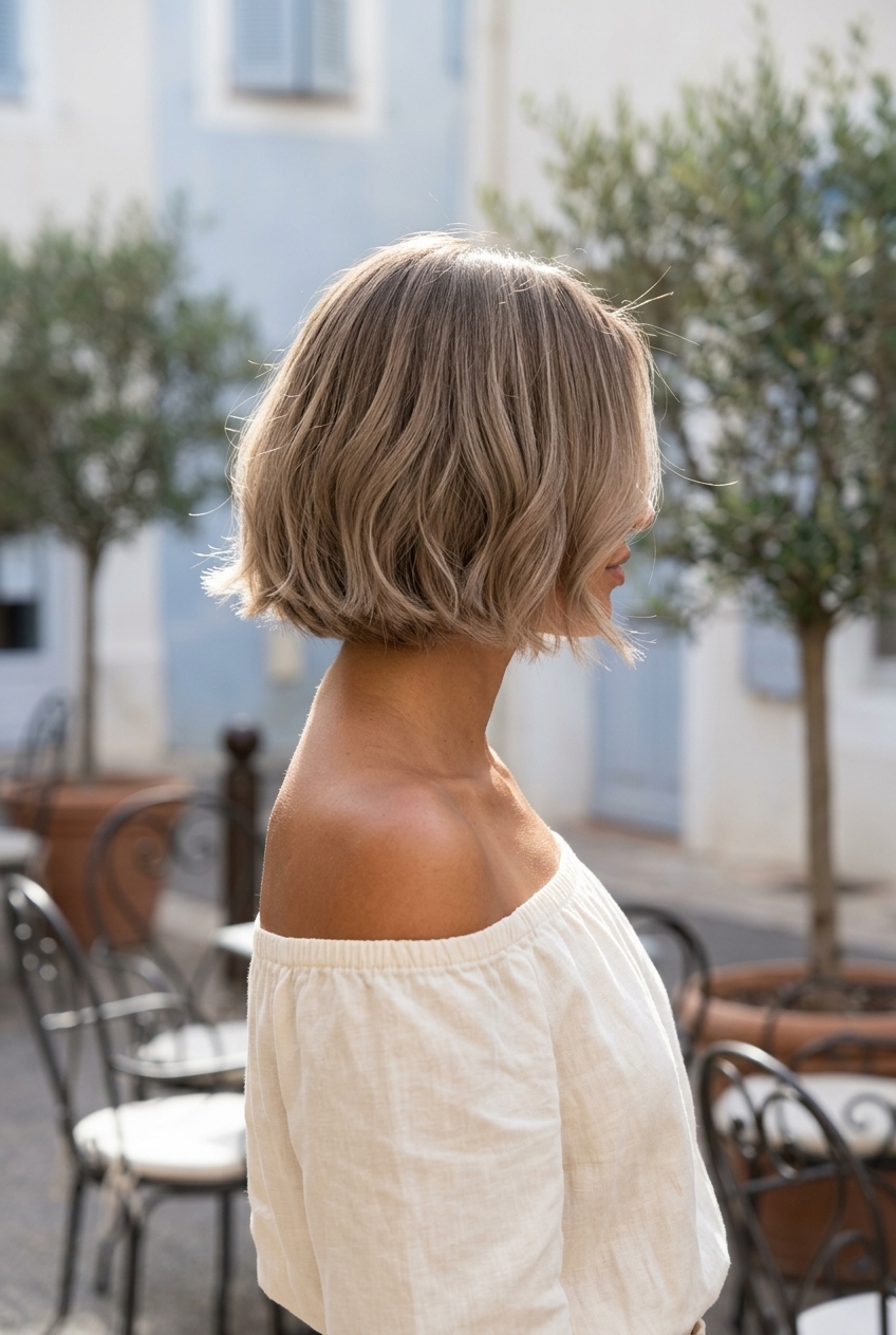 Soft Summer Italian Bob 2026: Muted Mushroom Blonde short italian bob haircut with muted mushroom blonde, invisible internal layers, soft face-framing pieces — effortless chic