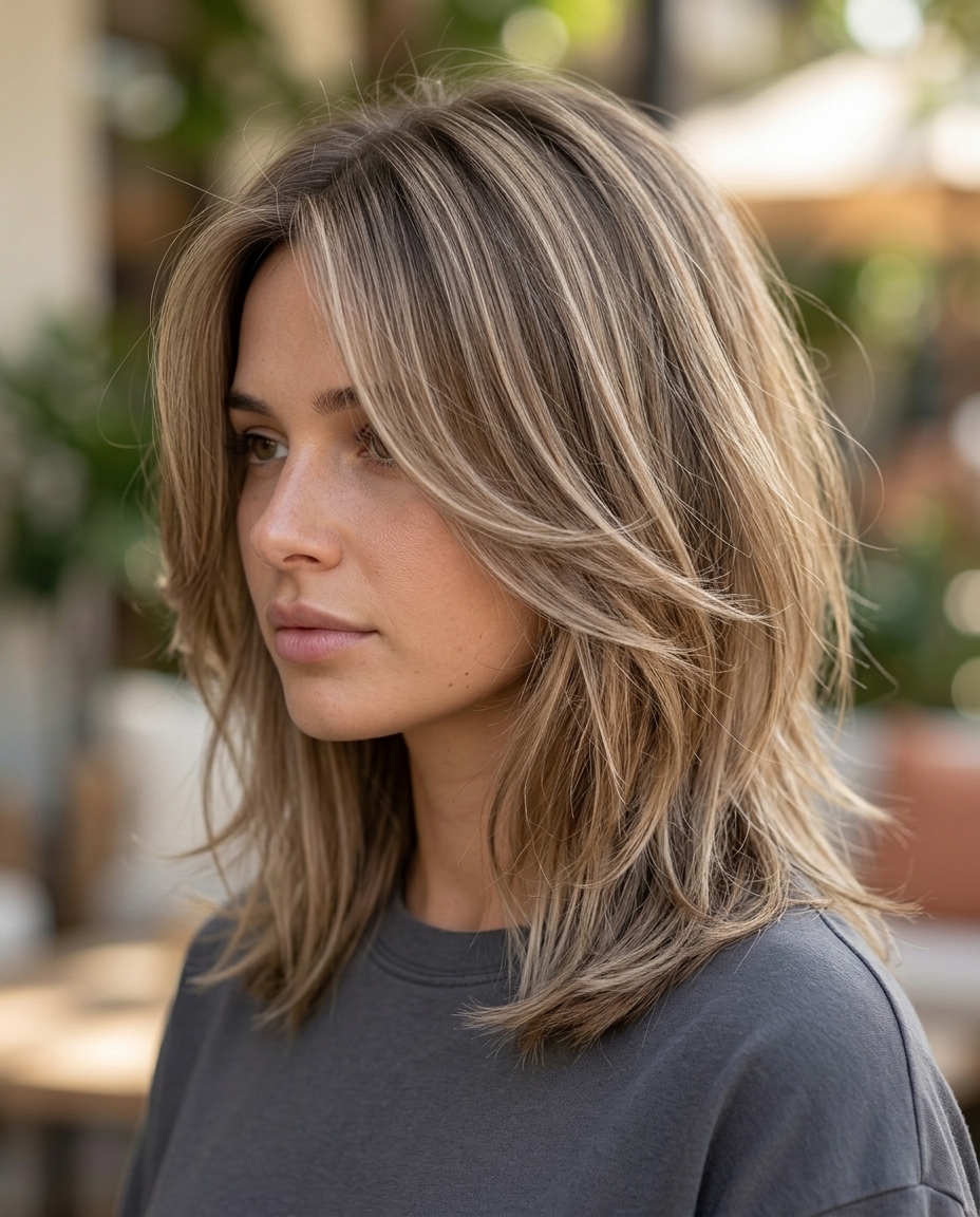 collarbone-length shag in mushroom bronde with ash blonde lowlights and long curtain bangs