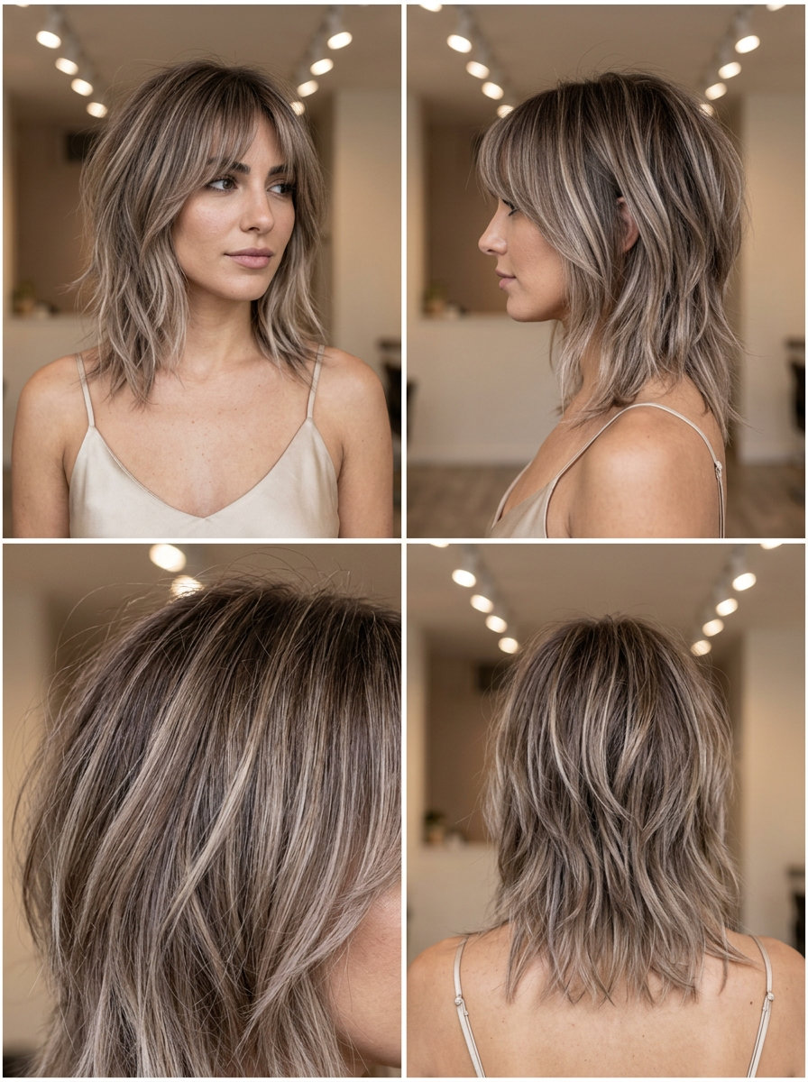 collarbone-length shag in mushroom bronde balayage, piecey curtain bangs, textured layers — edgy rebel