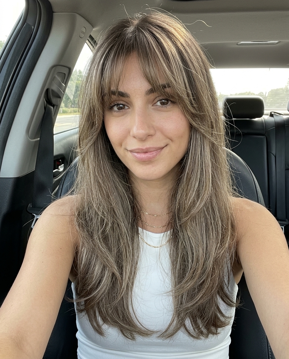 long Birkin fringe haircut in mushroom bronde with ash undertones for 2026