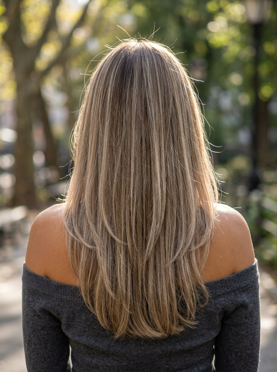 long haircut with mushroom bronde and ghost layers for effortless cool