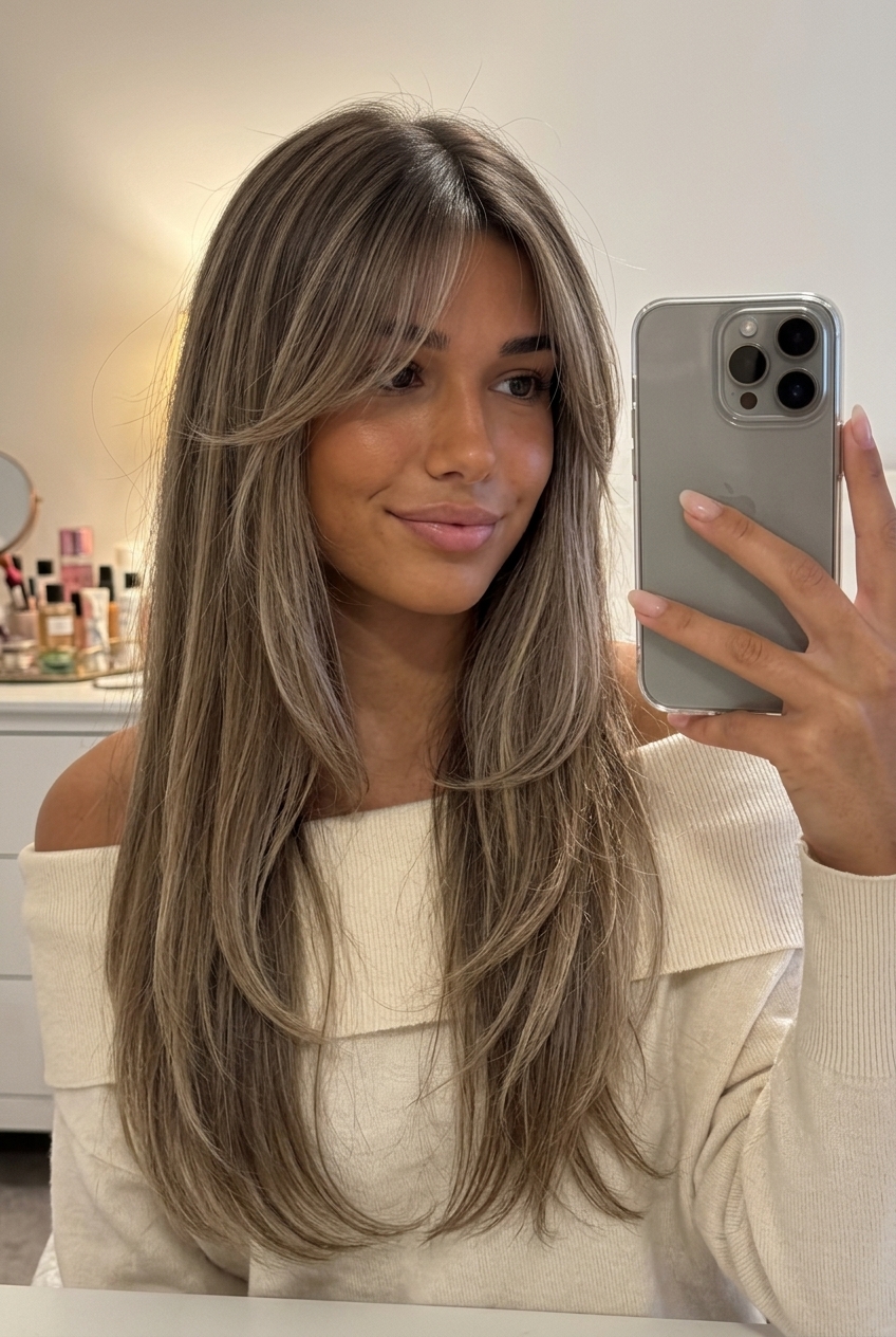 long haircuts in cool mushroom bronde with ash blonde highlights, wispy curtain bangs — effortless and modern