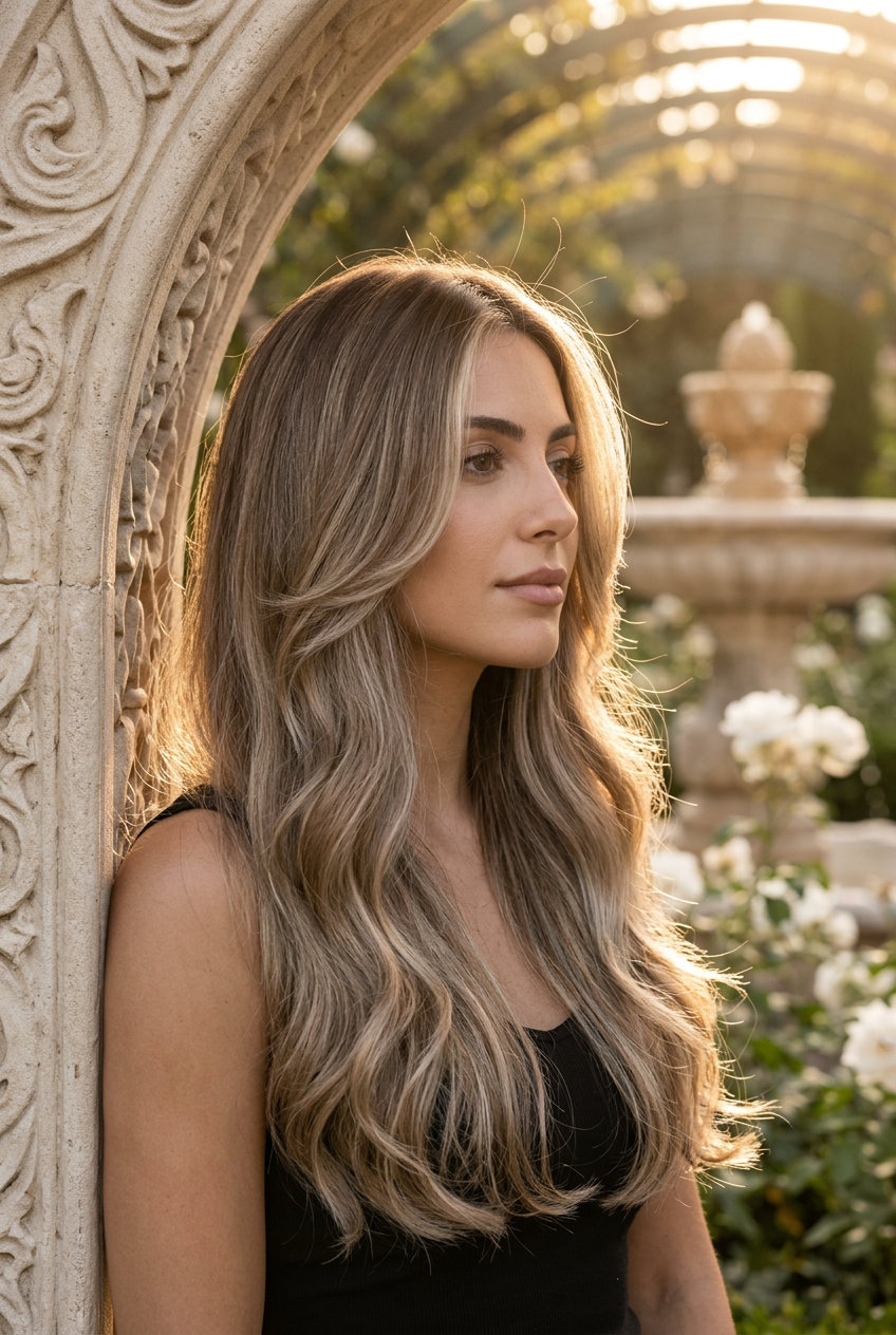 long layered haircut with mushroom bronde and champagne teasylights, face-framing butterfly layers — romantic date night
