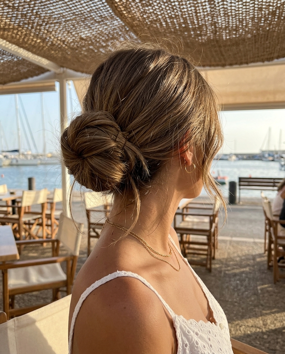 long mushroom bronde hair with taupe lowlights for textured messy bun