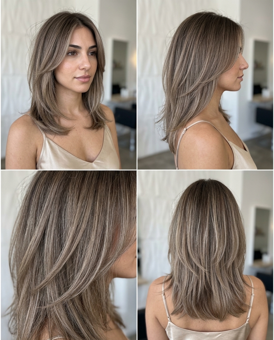 medium layered haircut with cool mushroom bronde and pearl blonde teasylights for summer