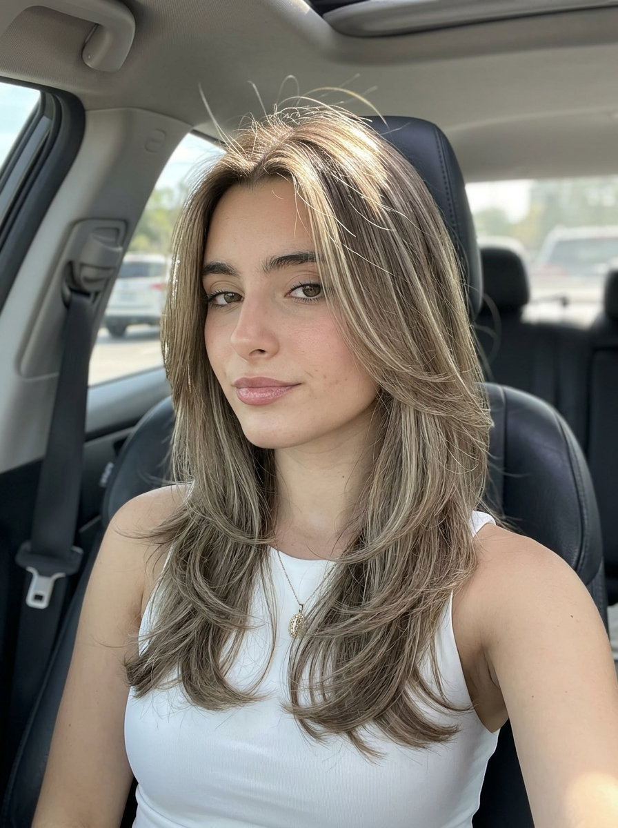 medium-long layered haircut with mushroom bronde balayage for thin fine hair
