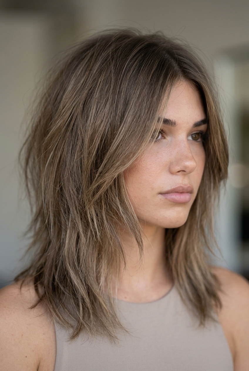 medium shag haircut in mushroom bronde with ashy lowlights and wispy fringe for casual outing