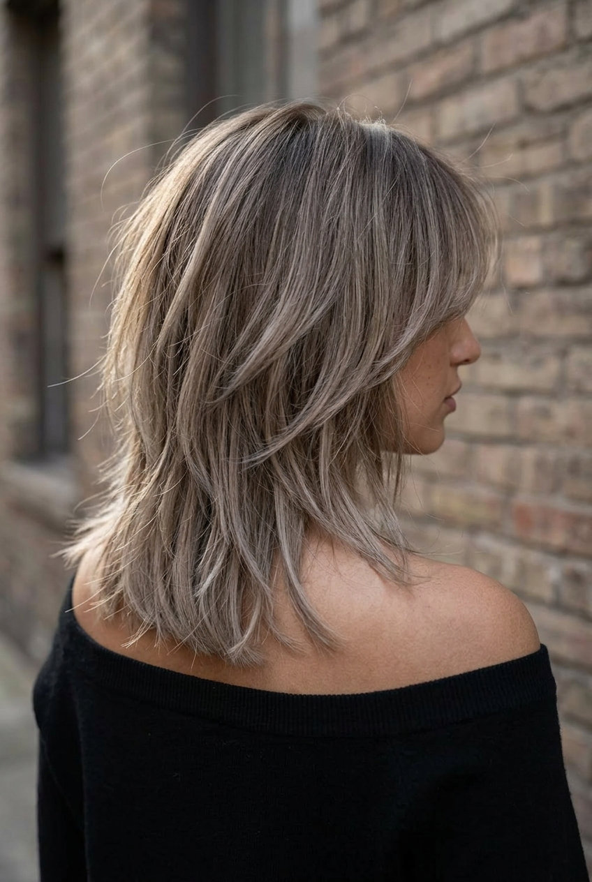 mid-length shag haircut with mushroom bronde balayage and curtain bangs for thin fine hair