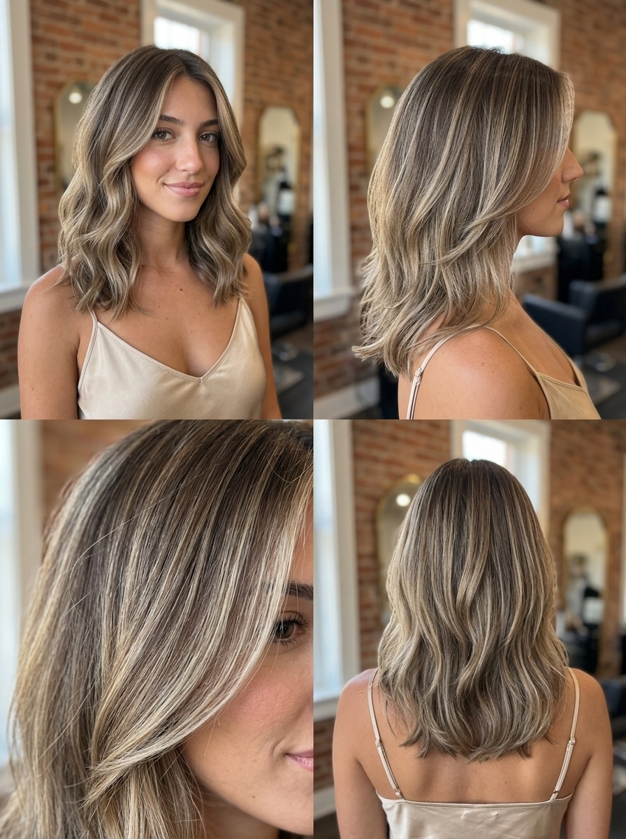 medium haircut in mushroom bronde with pearl blonde balayage, internal layers, soft face-framing — effortless textured style