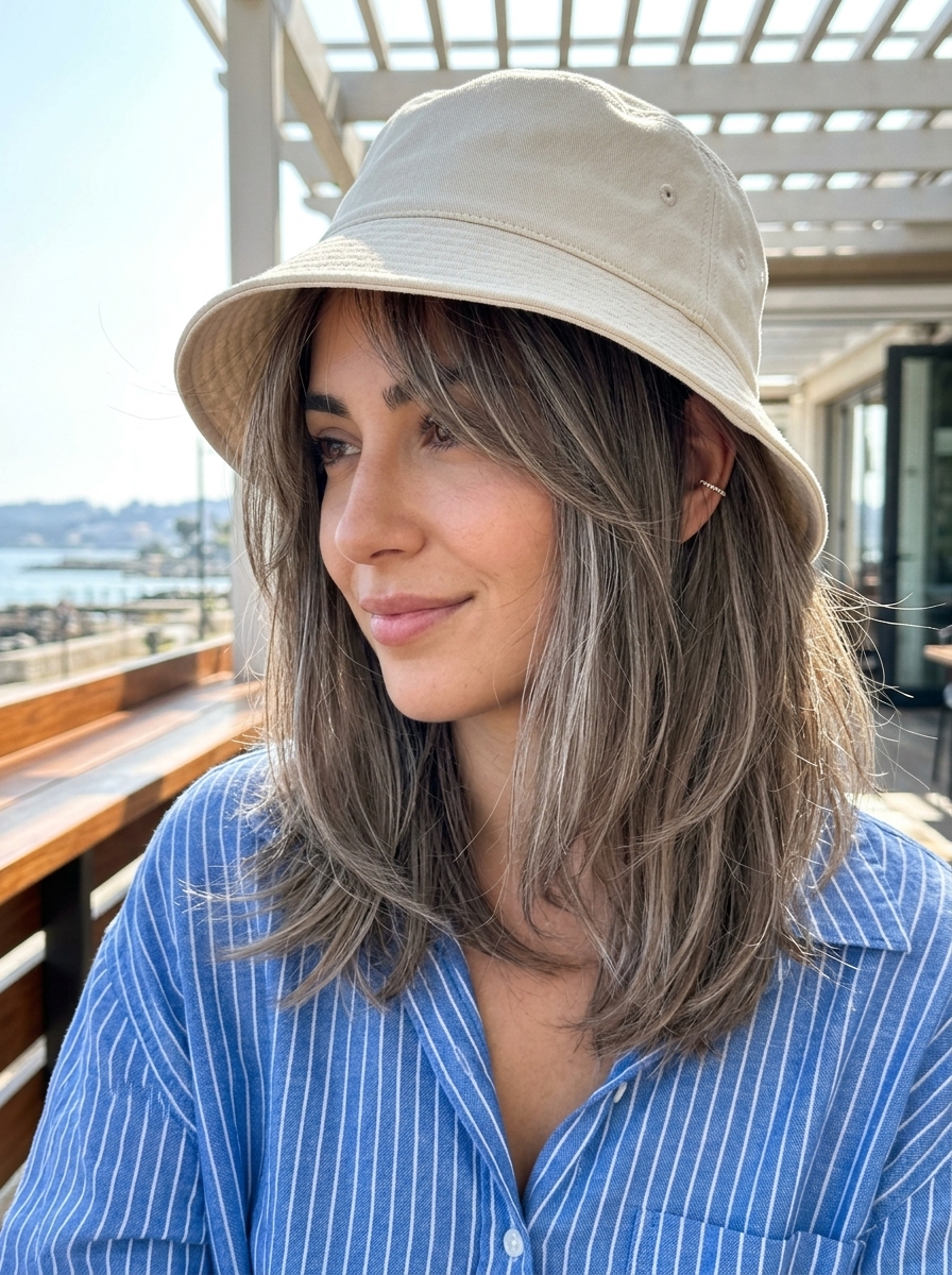 shoulder-length lob haircut with mushroom bronde balayage, curtain bangs, and internal layering for summer