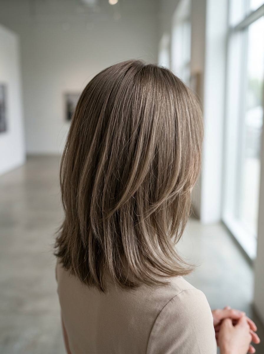 shoulder-length shag haircut in mushroom bronde with razored layers and air bangs for casual outing