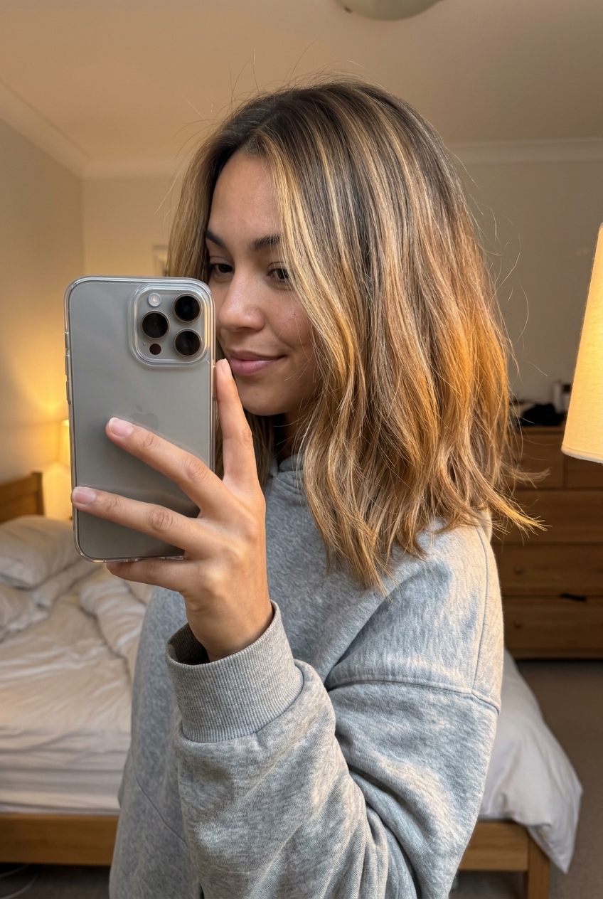 collarbone-length mushroom brown hair with pale golden babylights, curtain fringe for sophisticated lob