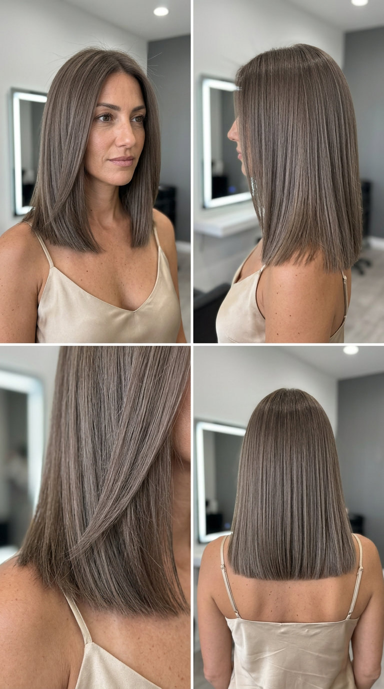 collarbone haircut with mushroom brown, ash undertones, blunt perimeter — minimalist chic