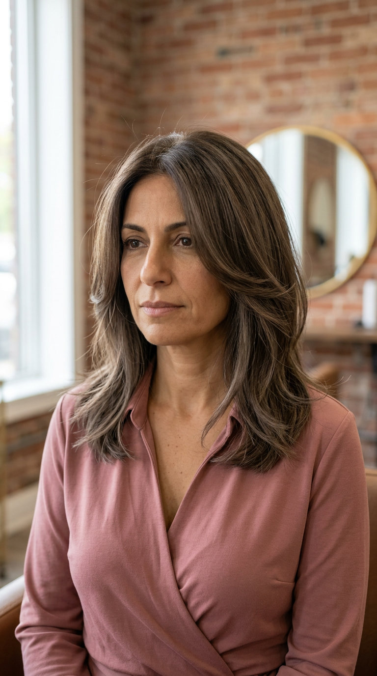collarbone-length midi haircut in mushroom brown with cool ash undertones and caramel ribbons for summer