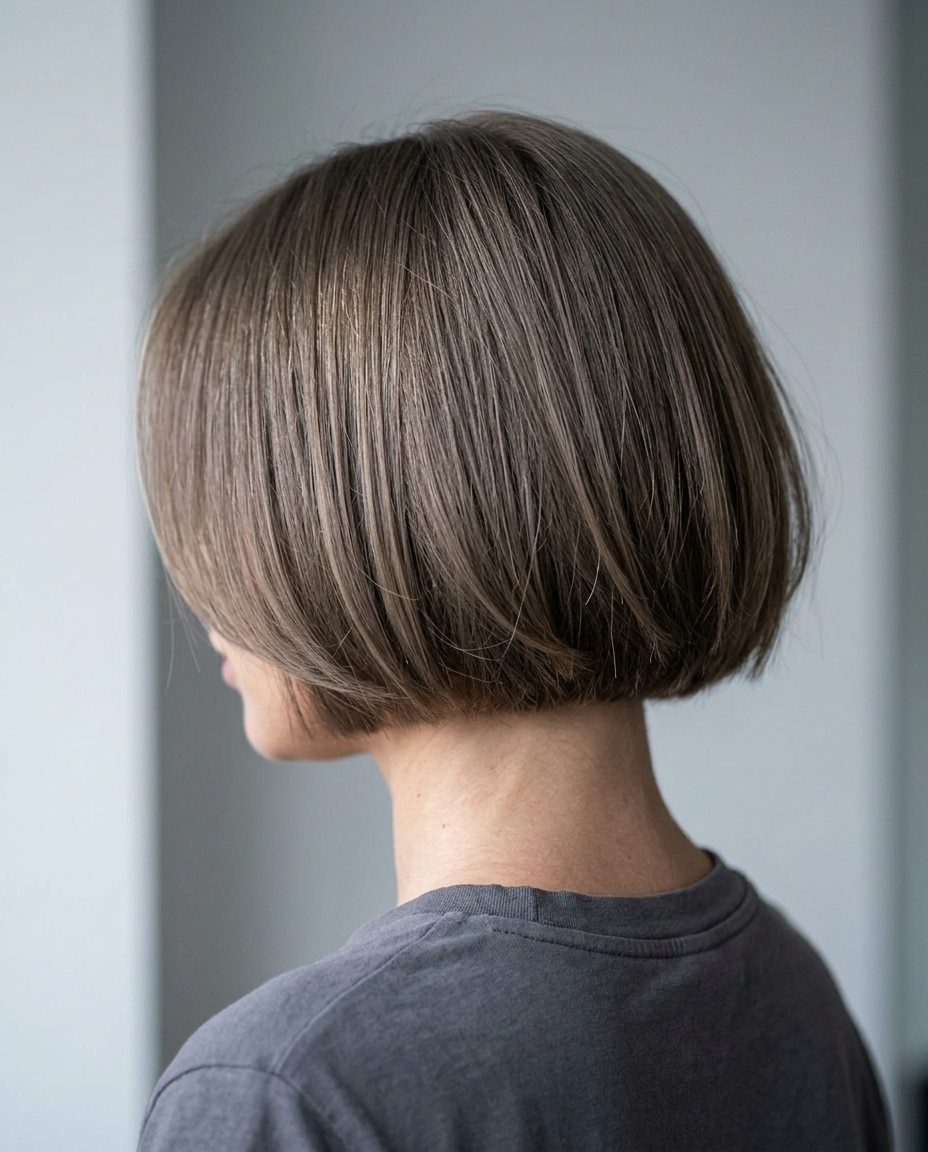 Muted Mushroom Brown All-Over 2026 long one-length brunette with muted ash-grey mushroom brown, all-over color, minimalist summer hair color