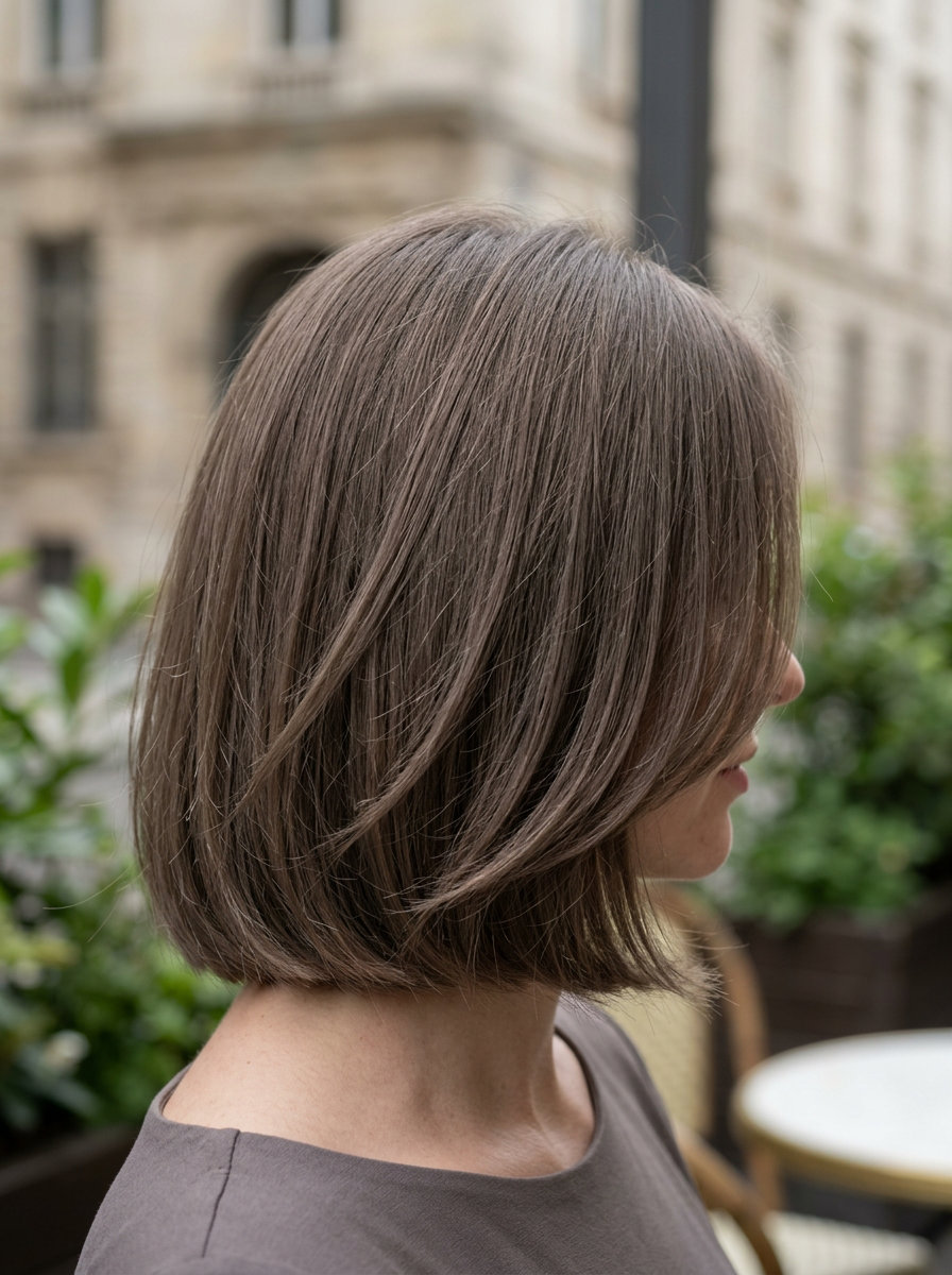 mid-length ghost layered haircut with mushroom brown and face-framing for summer